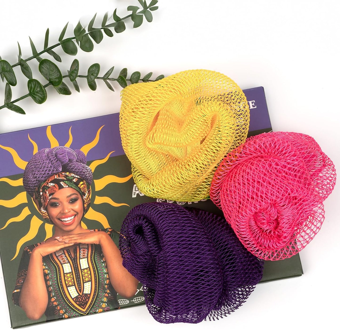 African Net Sponge Authentic 3 Pieces with Storage Bag, African Exfoliating Net Sponge Washcloth, Exfoliating Body Scrubber Bath Sponge Bathing Accessories (Rose, Purple, Bright Yellow)