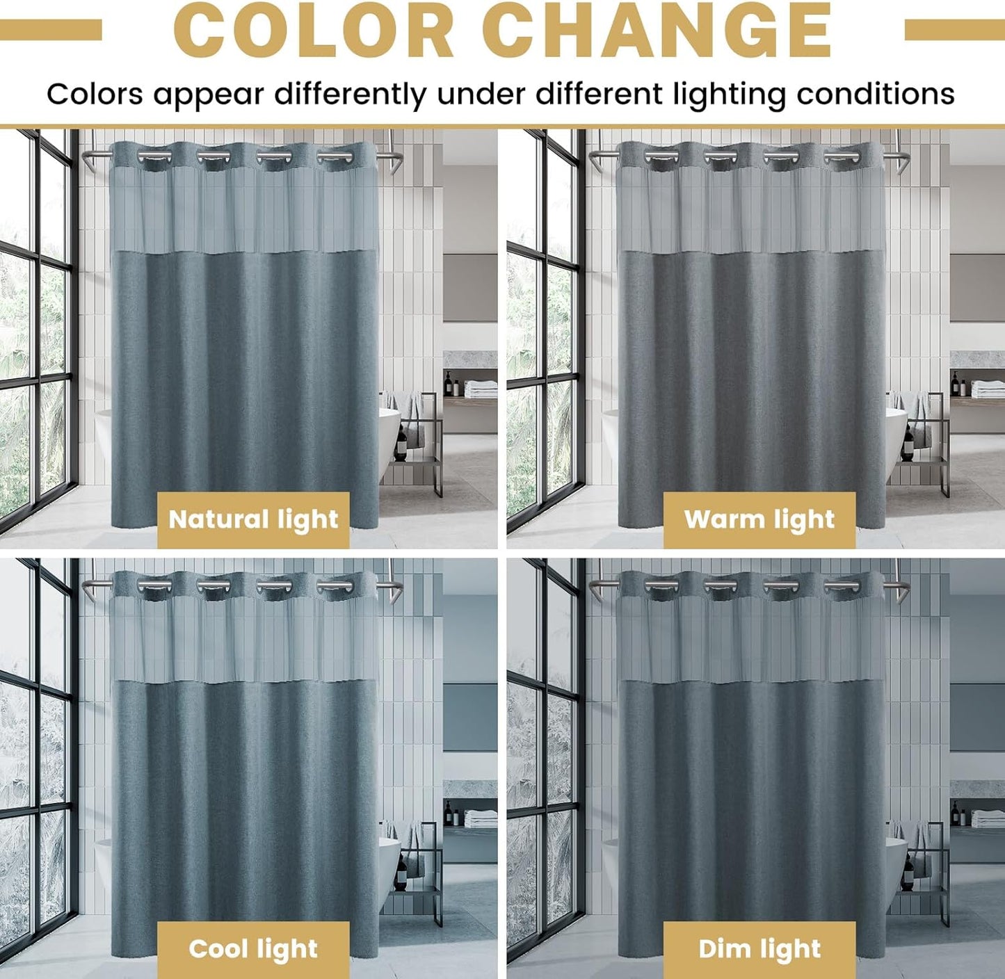 Small No Hook Shower Curtain with Snap in Liner, Polyester Textured Shower Curtain with Liner Set, Waterproof Washable Hotel Style Shower Curtains for Bathroom, 54Wx80H, Blue Grey