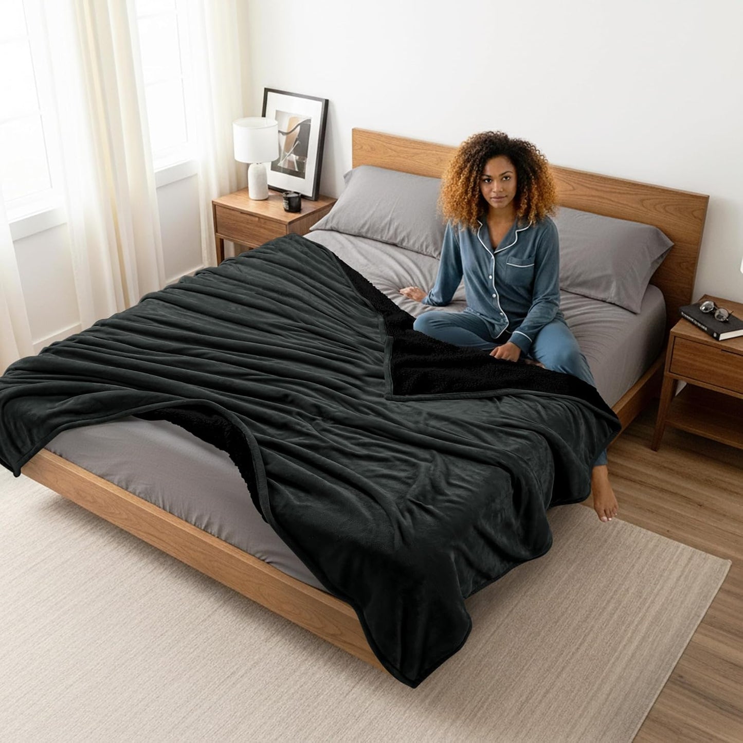 Utopia Bedding Sherpa Blanket Queen Size (Black, 90x90 Inches) - Soft Lightweight Plush Fleece Reversible Blanket for Bed, Sofa, Couch, Camping and Travel