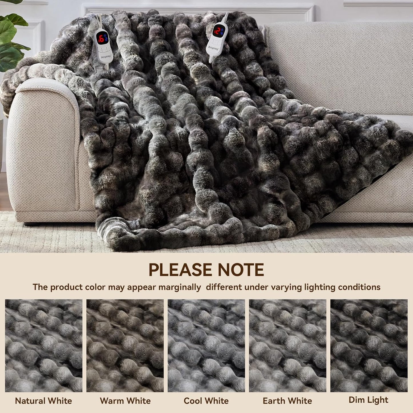 Heated Blanket King Size with 1/2/4/6/8 Hours Auto-Off 10 Heat Level, 90'' * 100'' Cozy Faux Rabbit Fur Bubble Electric Blanket with Overheat Protection(Tie-Dye Dark Grey)