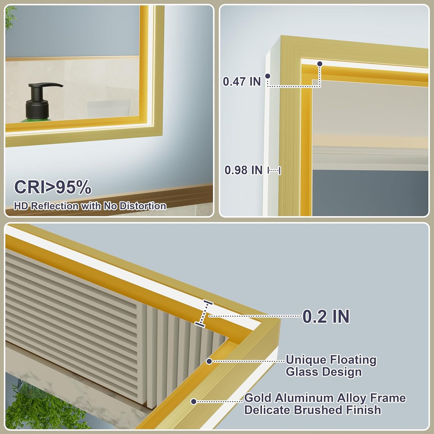 24x36 Inch Gold LED Bathroom Mirror with Front and Back Lighting, 3 Color Temp, Dimmable, Anti-Fog, Aluminum Frame Wall Mounted Lighted Bathroom Vanity Mirror