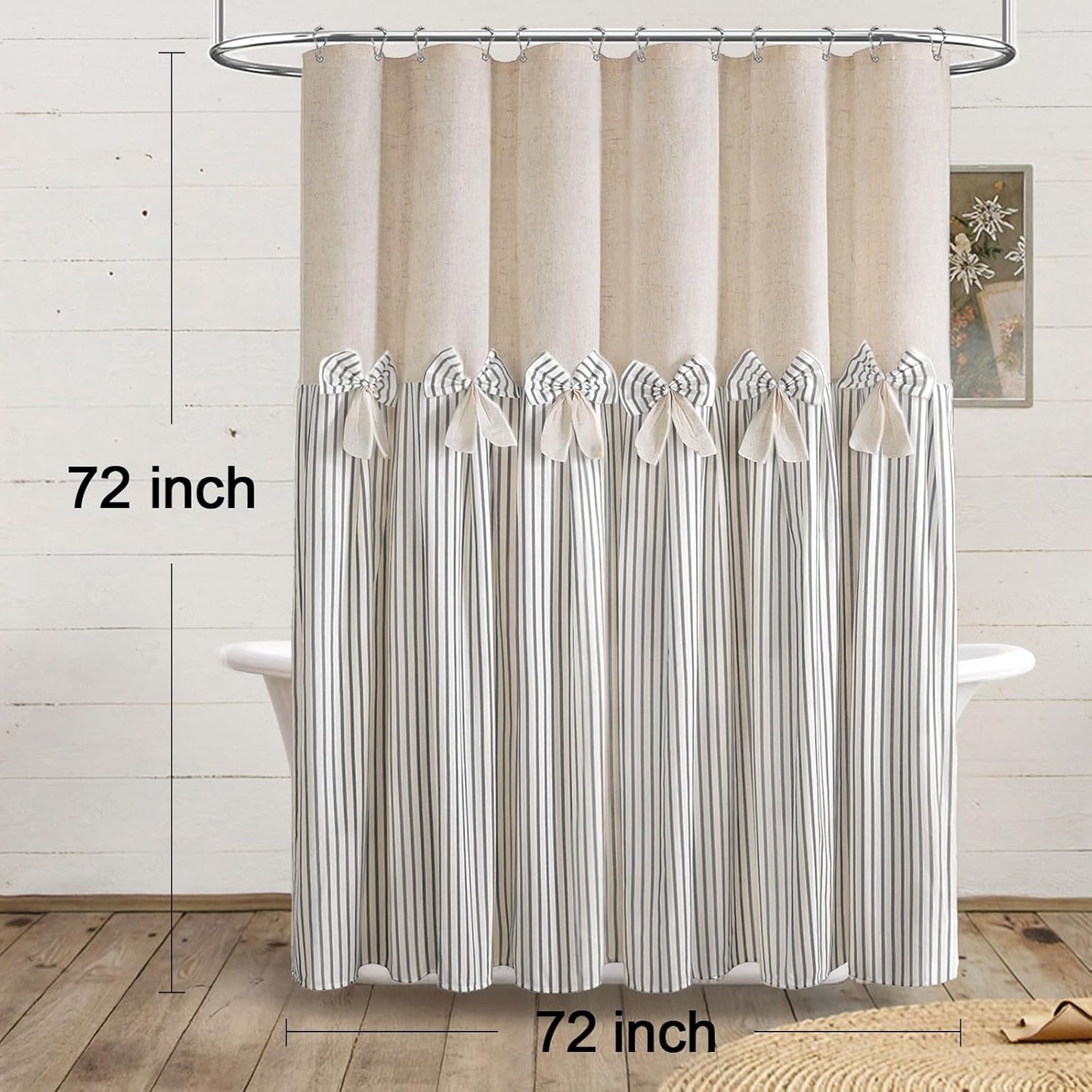Farmhouse Shower Curtain Linen Bow Woven Fabric Country Rustic Western, Pleated Grey Stripe 72" W x 72" L