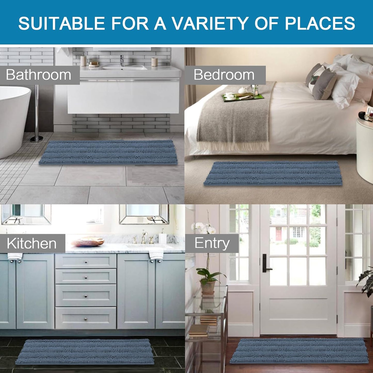 H.VERSAILTEX Bathroom Rug Sets 2 Piece Bath Mats Non Slip Thick Soft Chenille Striped Bath Rug achine Washable Shower Floor Rugs for Tub, Shower and Floor (Blue Indigo, 47" x 17"/17" x 24")