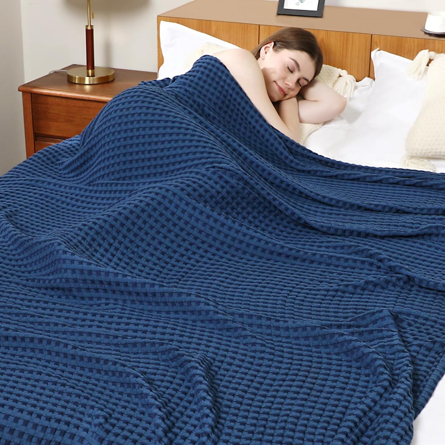 Aganear Waffle Blanket - Lightweight Breathable Summer Blanket of 50% Cotton and 50% Rayon Derived from Bamboo for Hot Sleepers Luxury Throws for Bed, Couch and Sofa,Navy,104x90 Inches