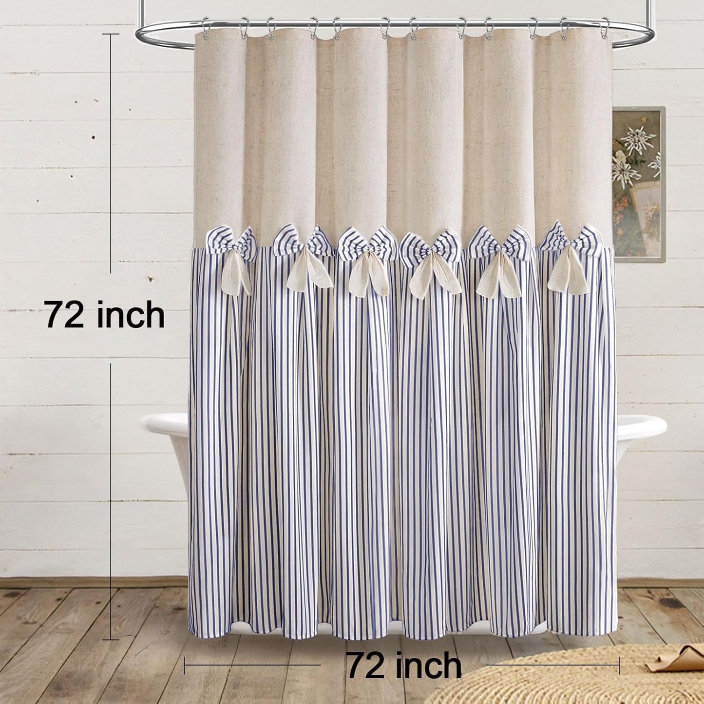 Farmhouse Shower Curtain Linen Bow Woven Fabric Country Rustic Western, Pleated Blue Stripe 72" W x 72" L