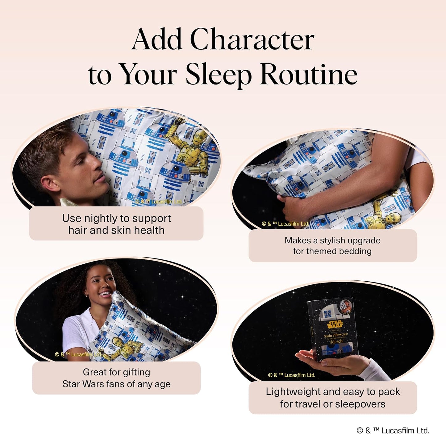 Kitsch x Star Wars R2-D2 & C-3PO Satin Pillowcase | Satin Pillowcase with Zipper, Better Than Silk Pillowcase | Frizz-Reducing Pillow Case for Hair & Skin Care, Cooling & Breathable - King