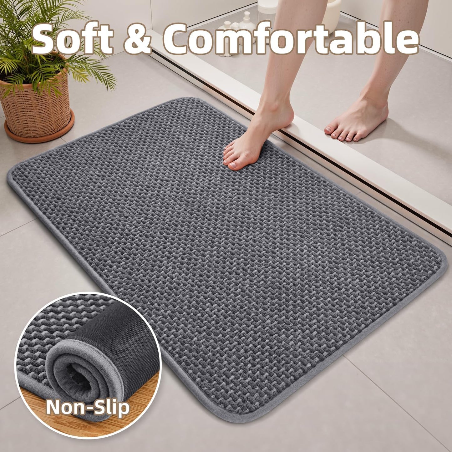 PADOOR-Bath Mat Runner-Super Absorbent Chenille Bathroom Mats-Rubber Backed Bath Mats for Bathroom Non Slip, Easy Clean Bathroom Runner Rugs Front of Bathtub,Shower Room,Sink-17×59