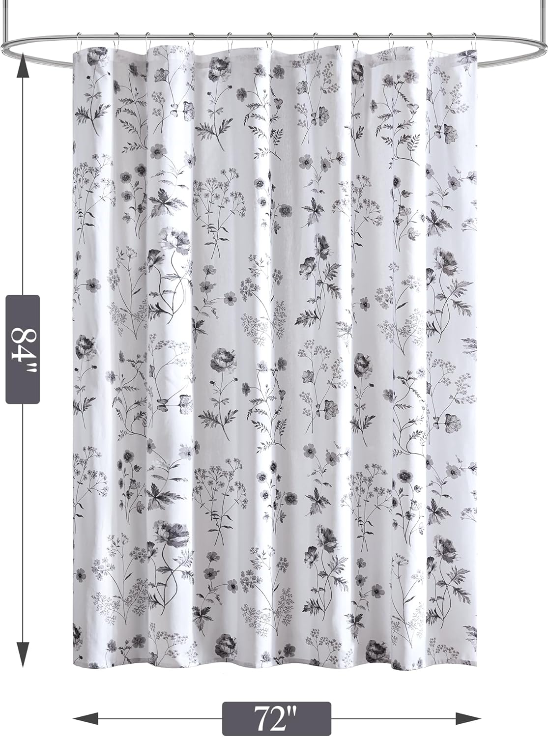 Martha Stewart Martha's Garden Shower Curtain Botanical Floral Print Cotton Shower Curtain for Bathroom, Spa Quality Modern Shower Curtains Standard Size, 72x84 Black