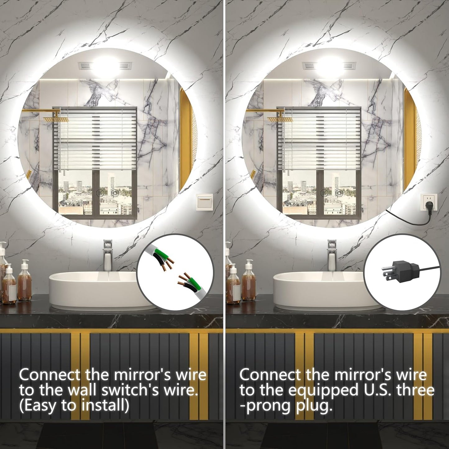 LED Bathroom Mirror 24 Inch, 3 Color Temperatures (3000K/4500K/6000K), Dimmable Backlight, Anti-Fog, 5MM HD Glass, CRI 90+, Round Vanity Mirror with Light