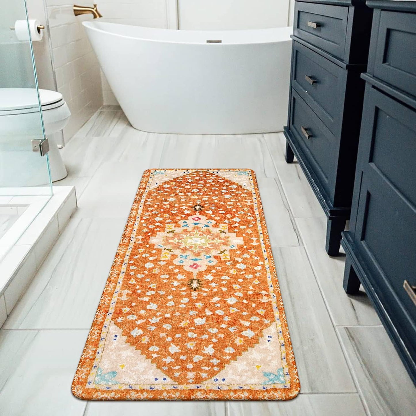 Uphome Long Boho Rug Orange Vintage Floral Bathroom Runner Rug Non-Slip Machine Washable Bath Mat Soft Velvet Oriental Traditional Aesthetic Accent Rug for Sink Shower Doormat Tub, 20x59 inch