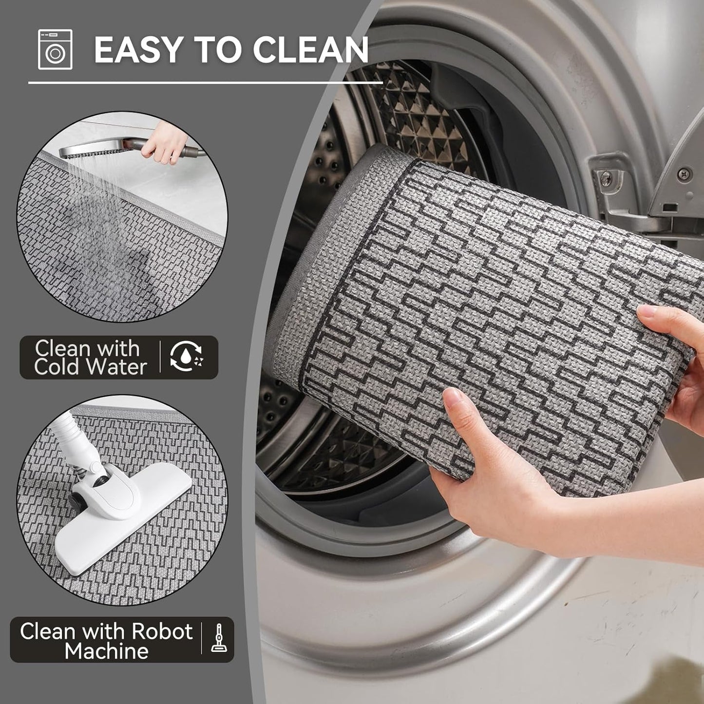 Bathroom Rugs Mat 20x31, Non Slip Ultra Thin Bath Mat Quick Dry Absorbent Washable Woven Half Round Bath Mats for Bathroom Floor Rubber Backed Fit Under Door Grey