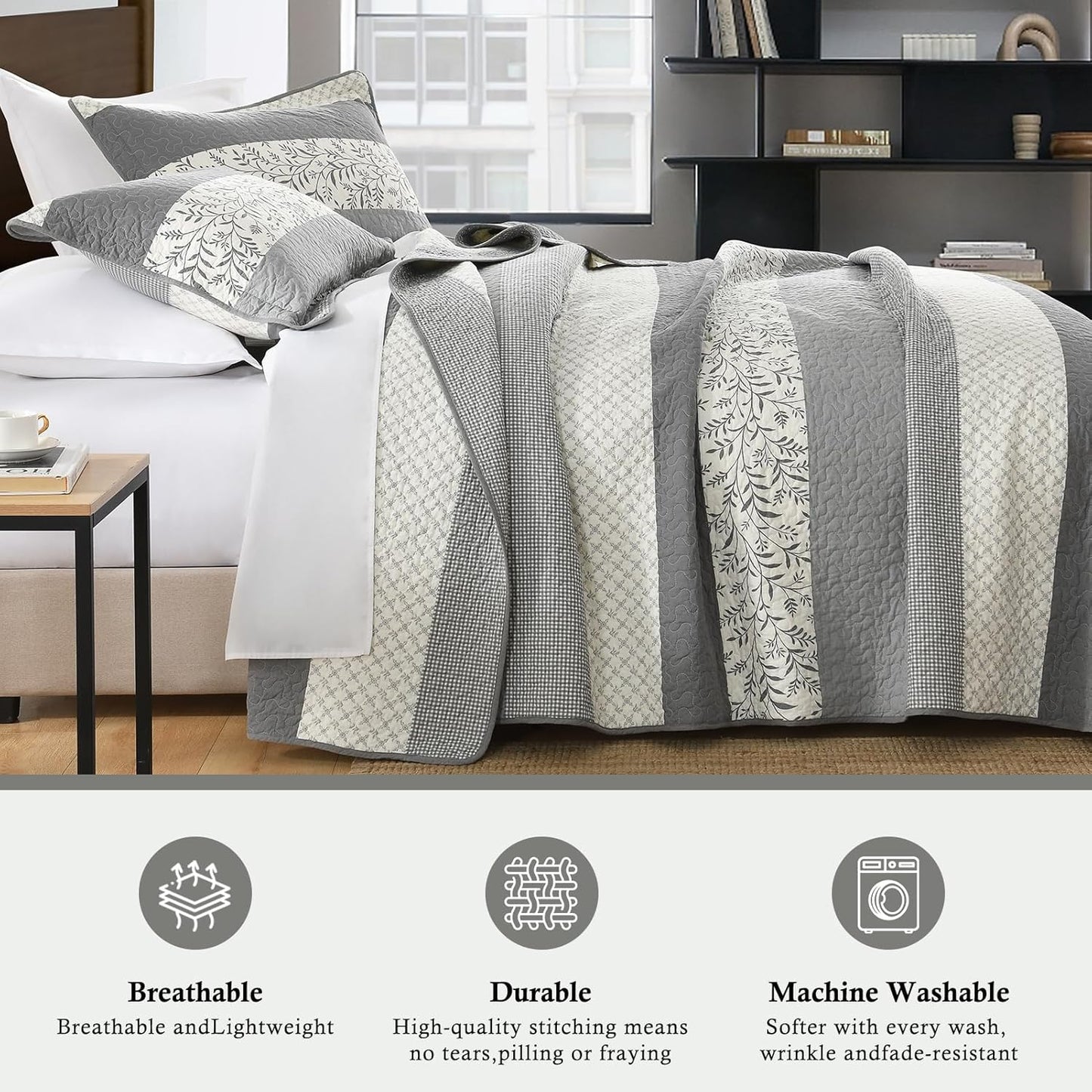 Stripe King Size Quilt - 100% Cotton Lightweight Quilt Bedding Set 3 Pieces, Vintage Vine Pattern Quilted Bedspread with 2 Pillow Shams, Farmhouse Printed Coverlet for All Season, Gray