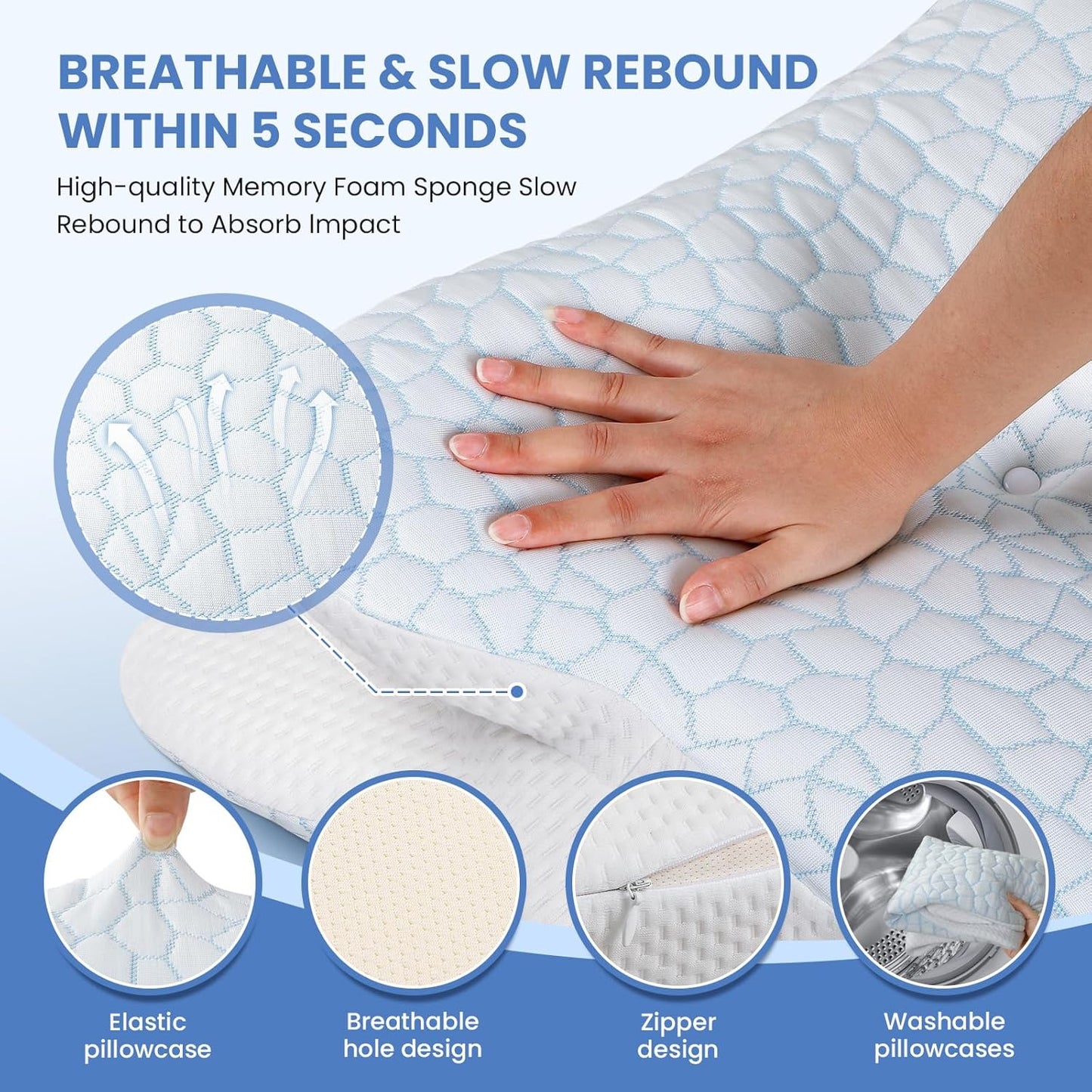 JINXIA Cervical Neck Pillow for Neck and Shoulder, Odorless Memory Foam Pillow with Soft Silk Cover, Ergonomic Orthopedic Neck Support Pillow for Side, Back & Stomach Sleepers - White