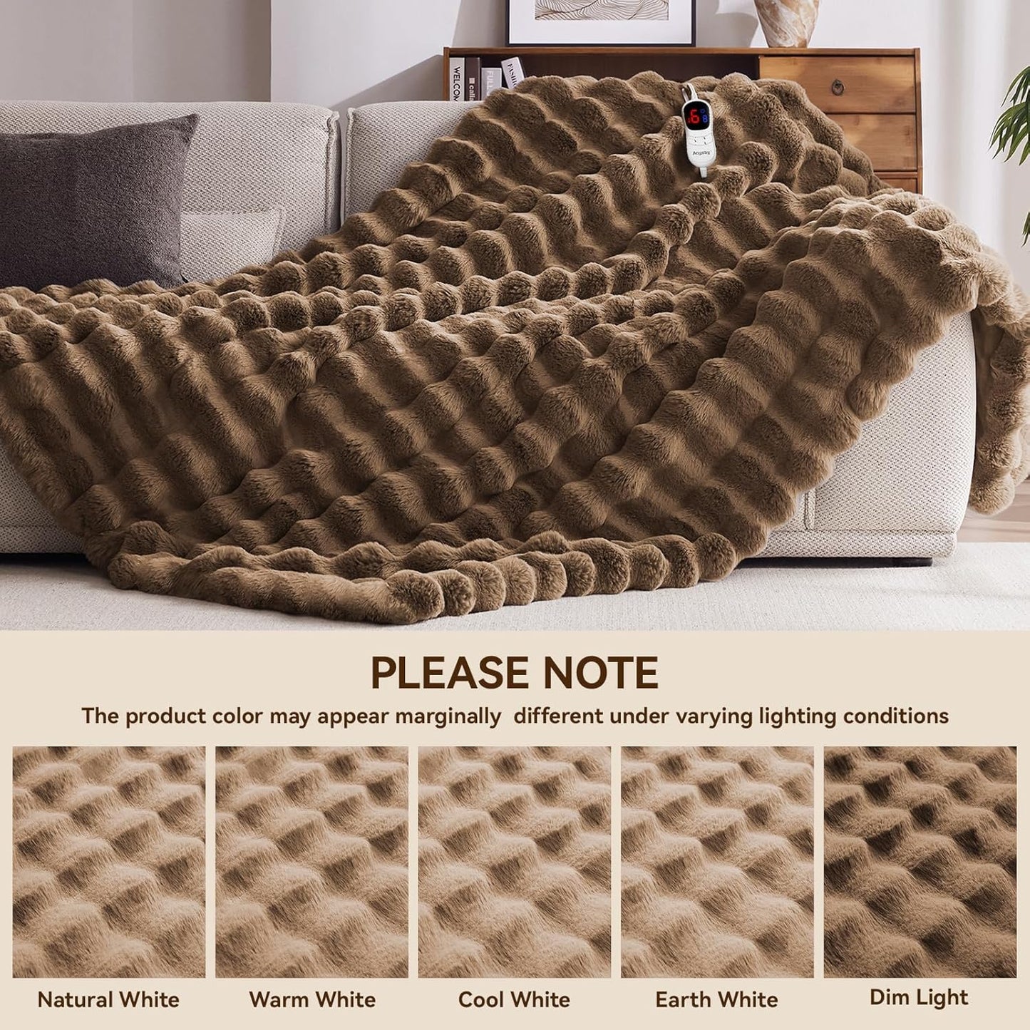 Heated Blanket Queen Size with 1/2/4/6/8 Hours Auto-Off 10 Heat Level, 72'' * 84'' Cozy Faux Rabbit Fur Bubble Electric Blanket with Overheat Protection(Brown)