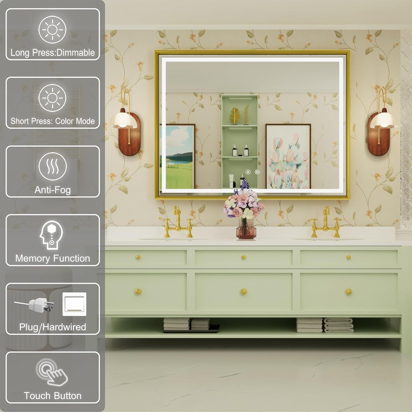 40x30 Inch Gold LED Mirror for Bathroom, 3 Color Temperatures (3000K/4500K/6000K), Anti-Fog, Dimmable Lights, Memory Function, Horizontal/Vertical Wall Mounted