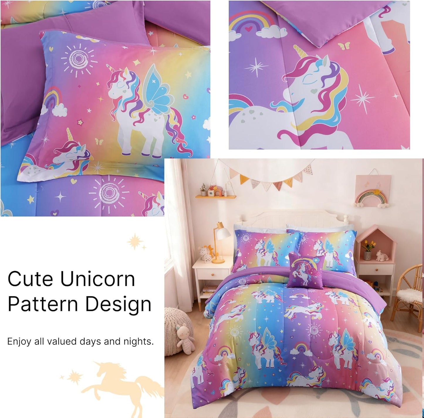 Full Size Comforter Set for Girls-4 Pieces Rainbow Unicorn Patterns Full Bedding Set with 1 Comforter, 1 Decor Pillow &2 Pillow Shams