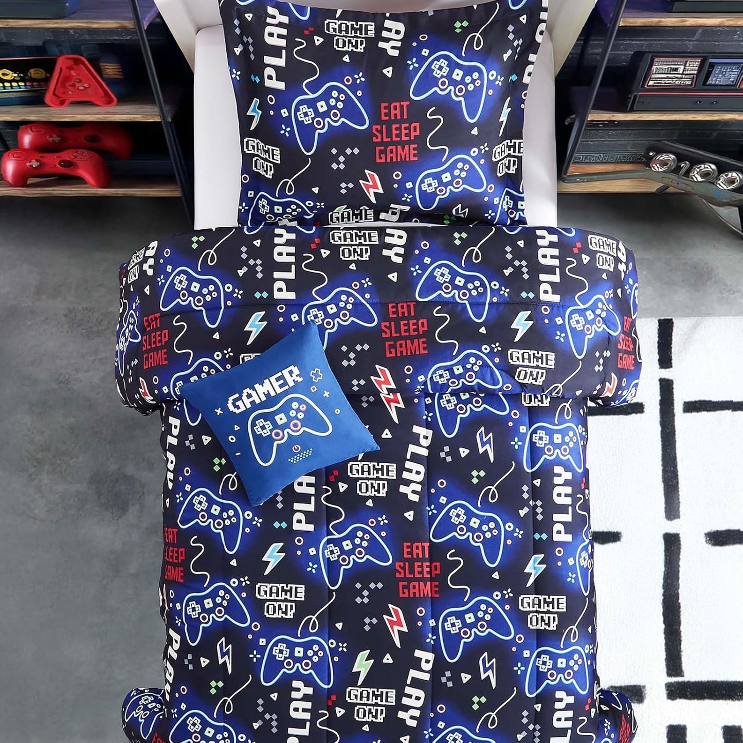 Full Size Comforter Set for Boys-4 Pieces Gamer Glow in The Dark Full Bedding Sets for Kids, 1 Comforter, 2 Shams and 1 Decor Pillow