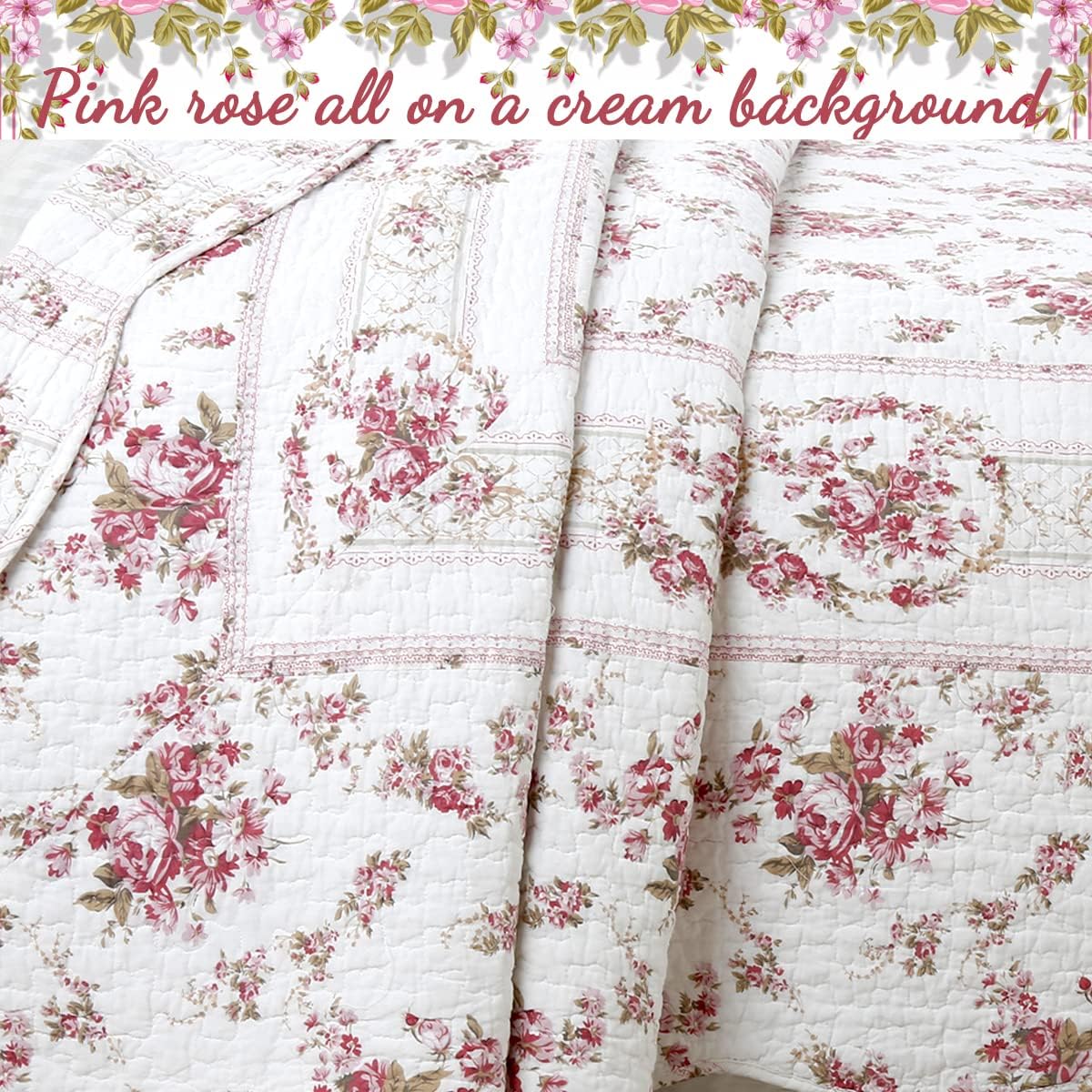 Cozy Line Home Fashions 100% Cotton Quilt Bedding Set, Pink Floral Reversible Coverlet Bedspread (Vintage Rose, Queen - 3 Piece)