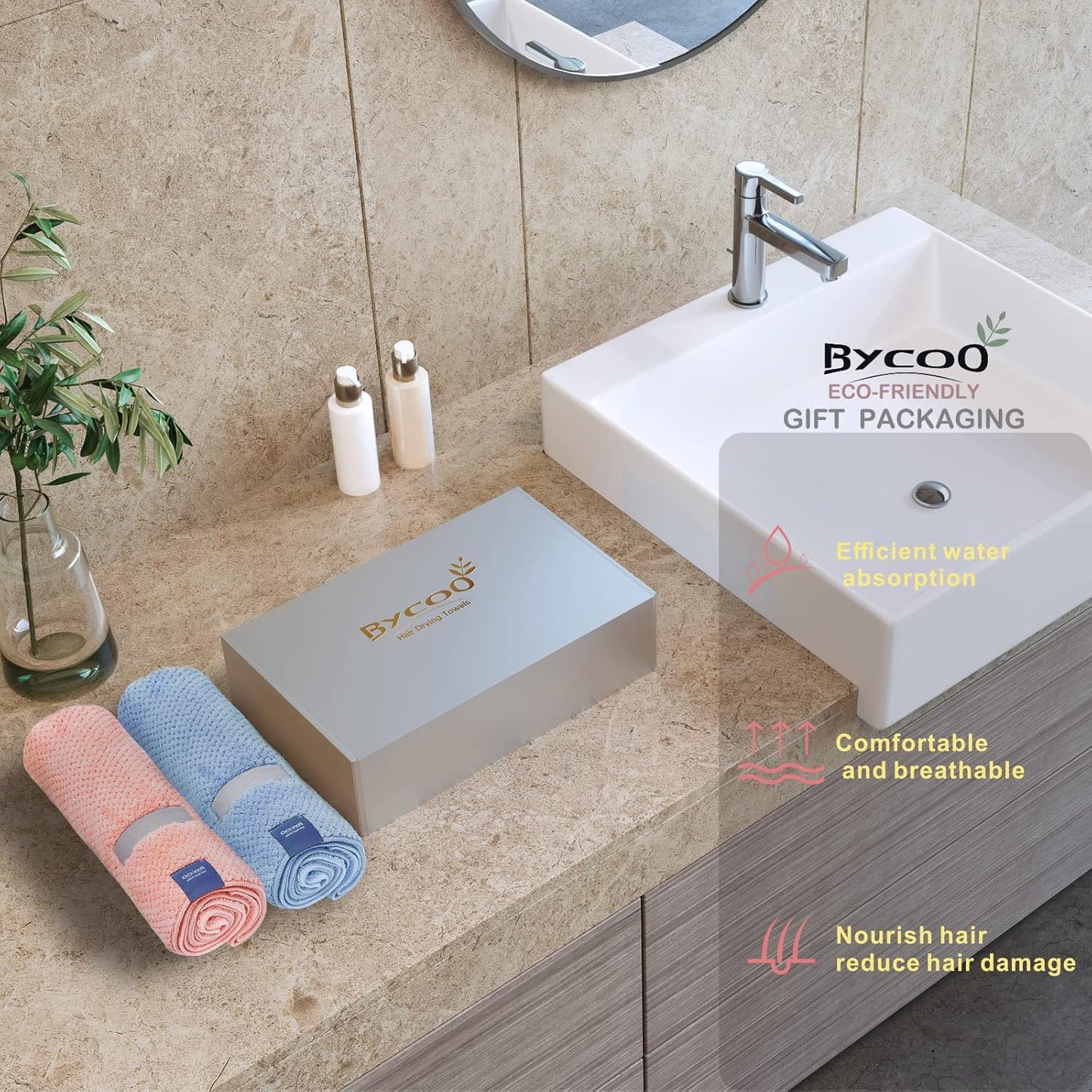 2 Pack Large Microfiber Hair Towel Wrap for Women, Anti Frizz Hair Drying Towels, Fast Dry Hair Turban - for Wet, Long, Thick, Curly Hair - Super Absorbent Soft Towels (Blue & Pink)