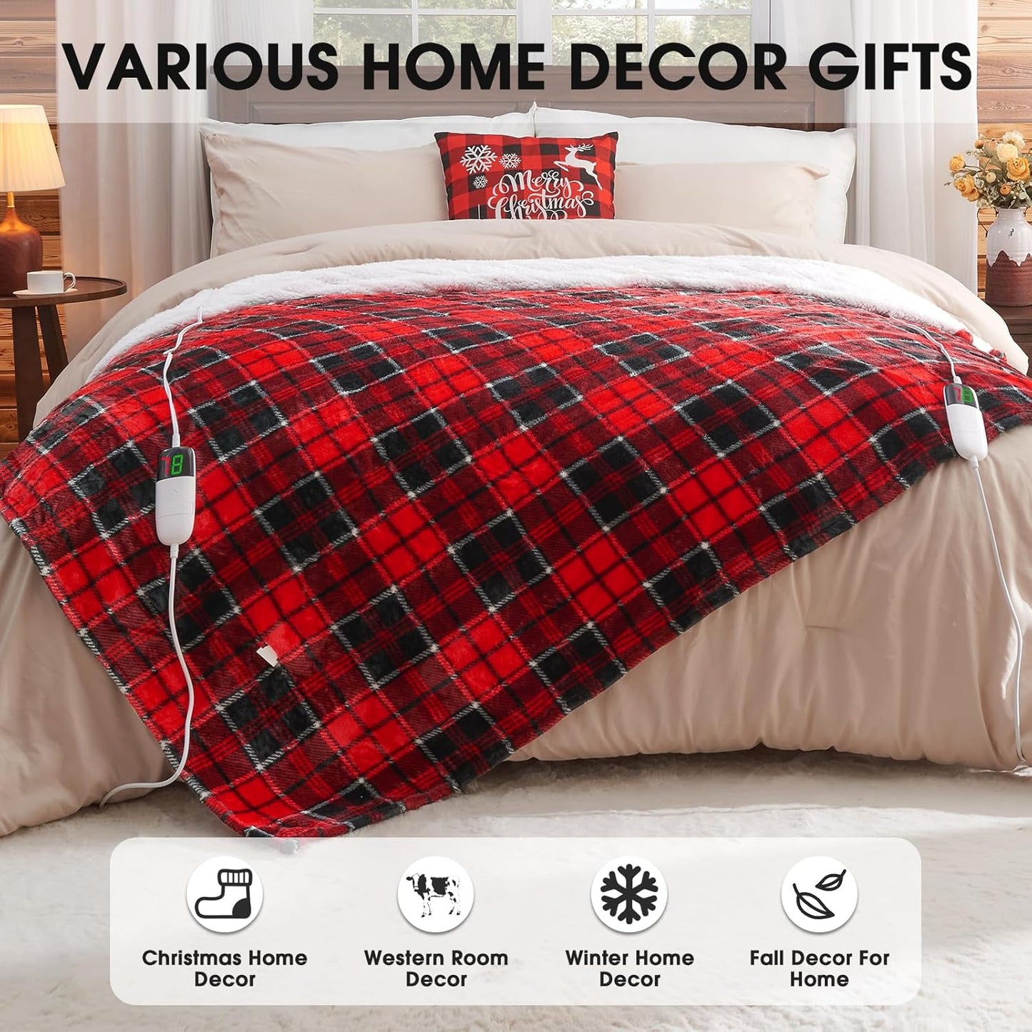 Electric Heated Blanket King Size, 90X100 Christmas Blanket with Dual Control&10 Heats Levels&Timer for Bed,Large Red Plaid Soft Sherpa Heating Blankets Warmer Gifts for Grandma Women Adults