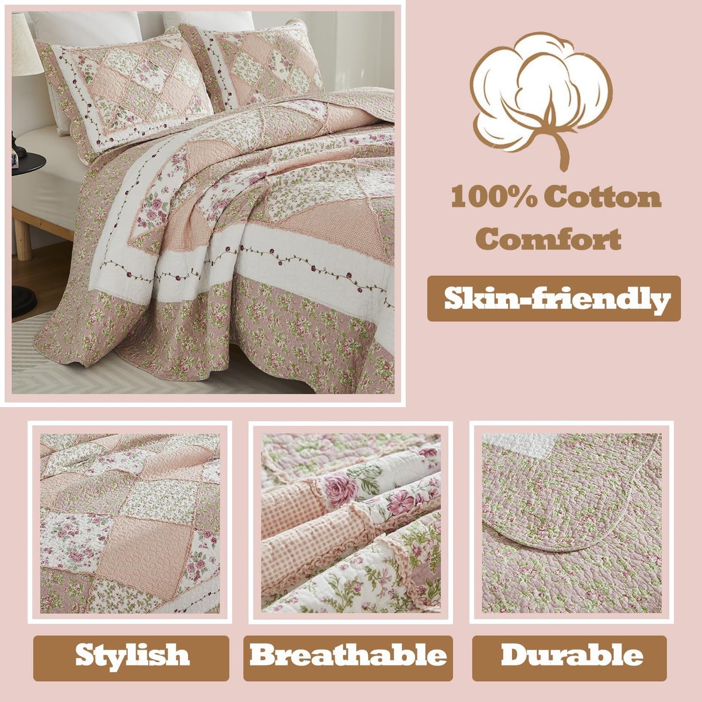 Brandream Queen Size Quilt Set Cotton Patchwork Quilts Blush Pink Country Floral Bedding Patchwork Quilted Comforter Set 3-Piece