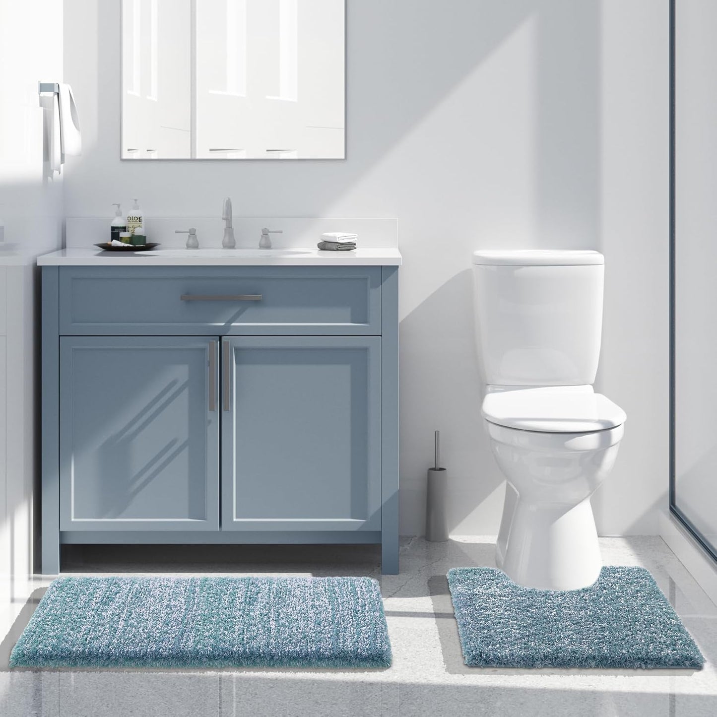 Yimobra Toilet Rugs U Shaped Washable 24x20, Ultra Soft and Water Absorbent Bath Mats, Non Slip Fluffy Shaggy Luxury Microfiber Contour Bath Rugs for Toilet, Dry Quick, Denim Blue and White