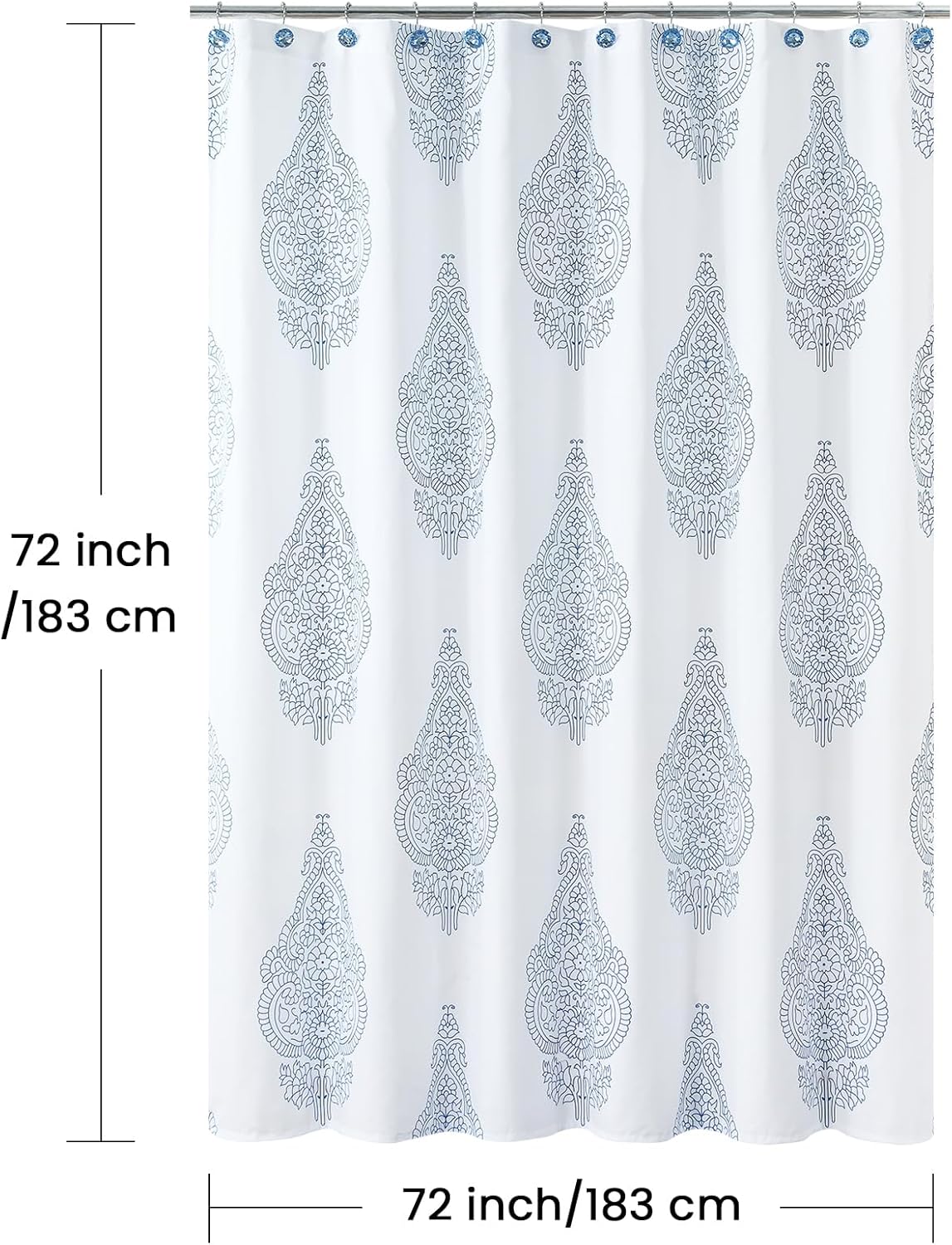 Fabric Shower Curtain, White and Blue Paisley Damask Medallion Print Shower Curtains for Bathroom, 72" W x 72" H