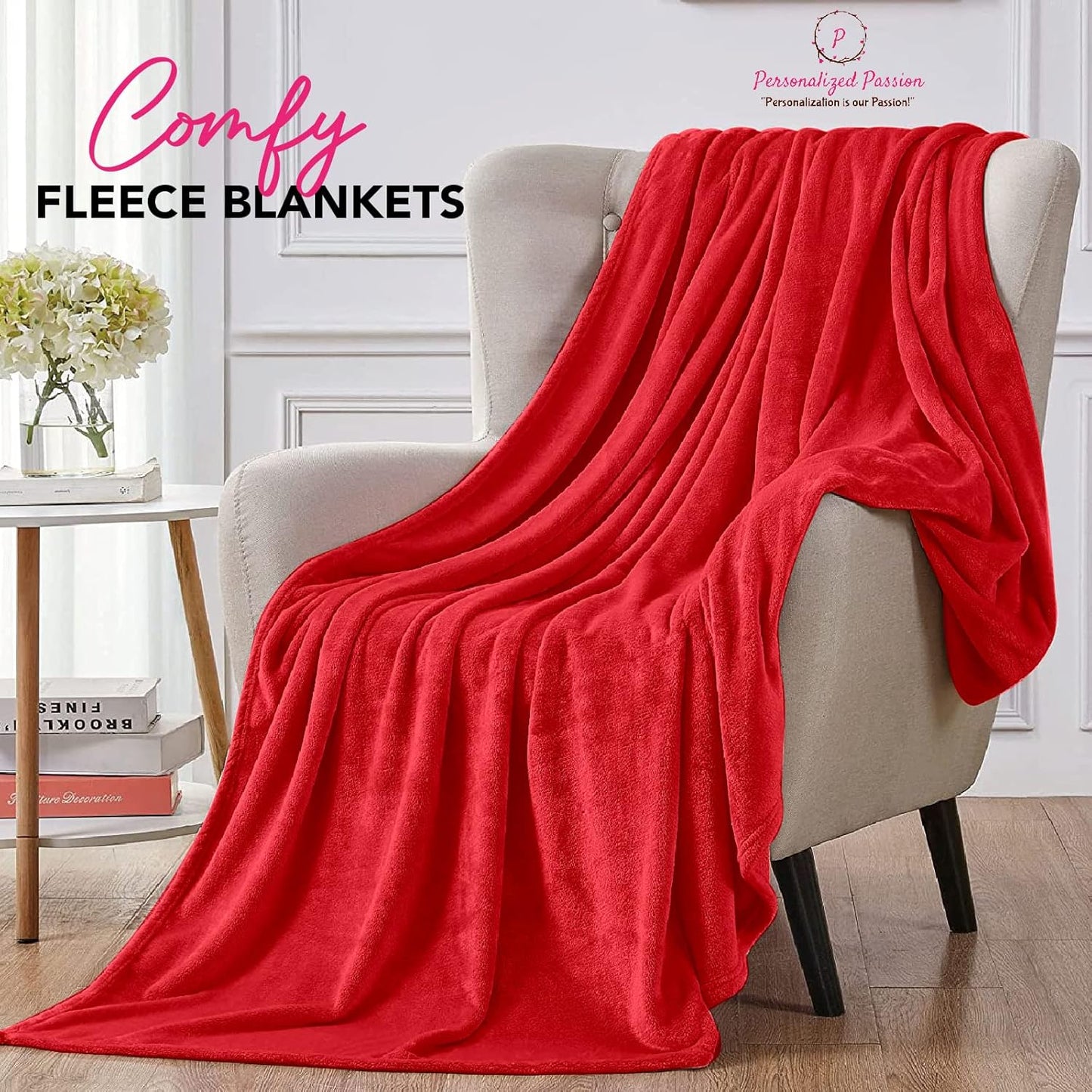 Personalized Blankets for Adults - Custom Blanket with Embroidered Name or Monogram - Soft Fleece Throw Cover for Bed & Couch - Red (40"x60")