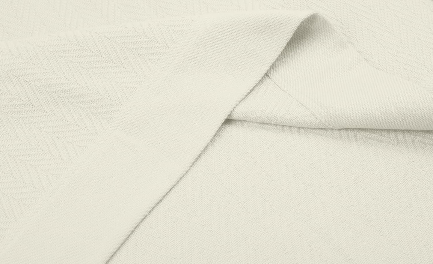 Threadmill Luxury Cotton Blankets for Twin Size Bed | All-Season 100% Cotton Twin Blanket for Bed | Herringbone Soft & Cozy Fall Thermal Blanket, 350GSM, 68x92 inches | Tusk White