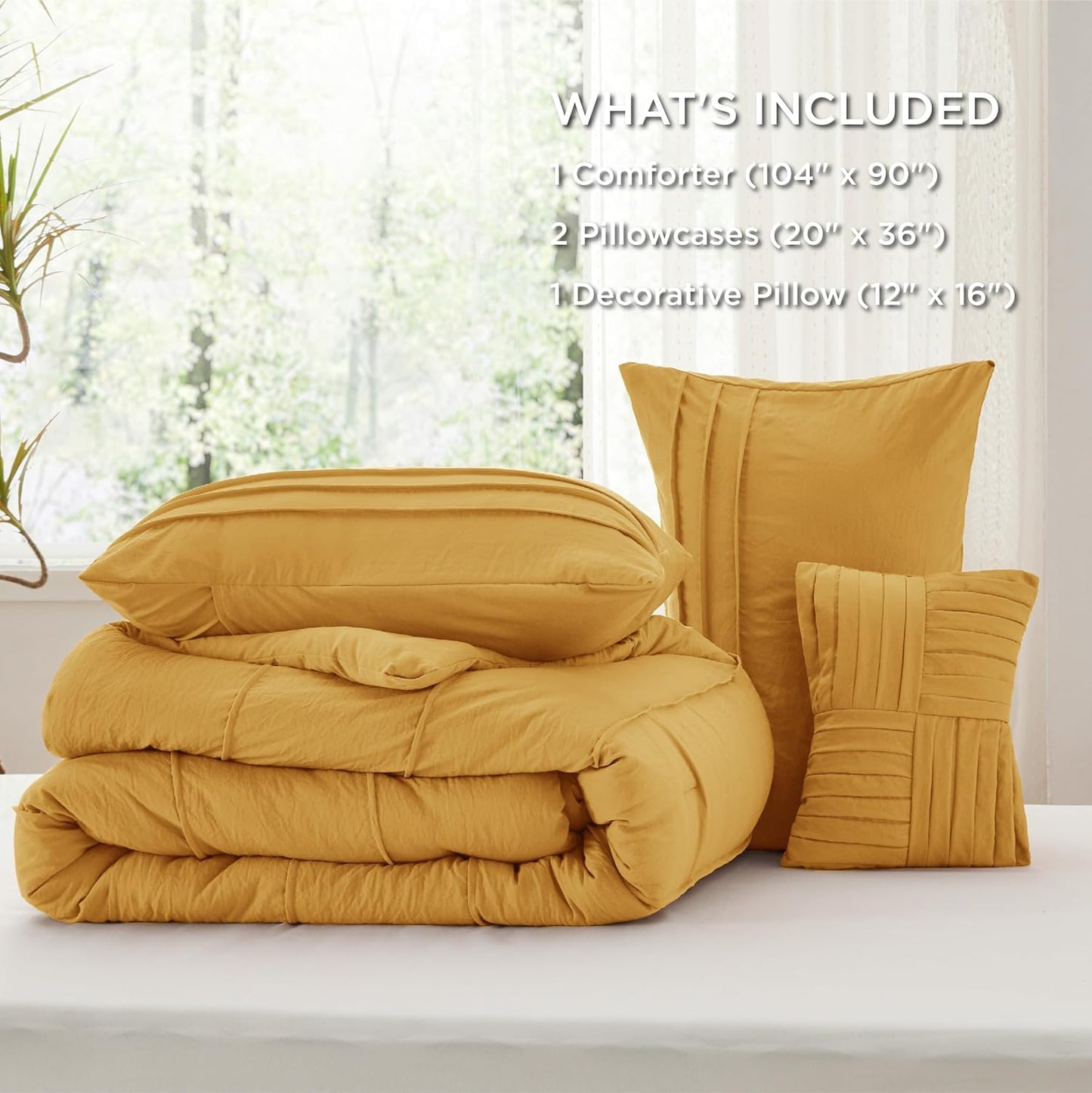 Bedsure King Comforter Set - 4 Pieces Pinch Pleat Bed Set, Mustard Yellow Boho Bedding for All Season, 1 Soft Comforter, 2 Pillowcases, 1 Decorative Pillow