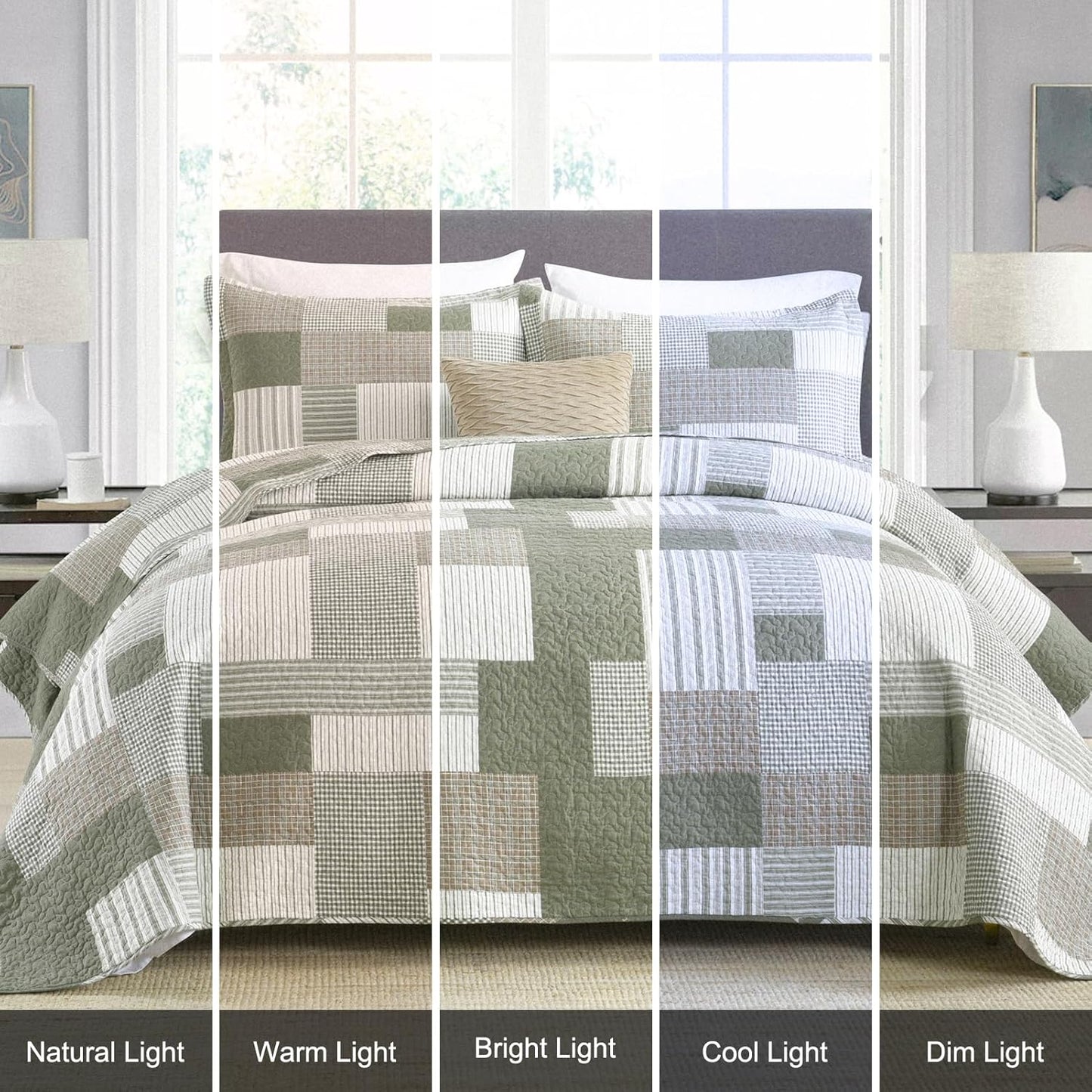 Uniclinens Plaid Quilt Set Queen Size, Patchwork Light Green Quilt Bedding Set, 100% Cotton Bedspreads, Farmhouse Rustic Lightweight Comforter, 3 Pieces Set with 2 Pillowshams, Green/Brown/Beige