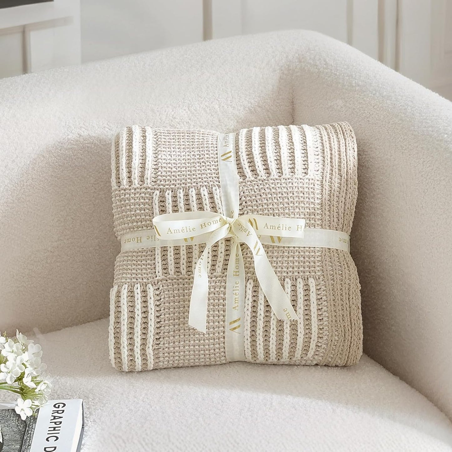 Amélie Home Checkered Knit Throw Blanket for Couch, Chenille Texture Decorative Soft Blanket for Sofa & Chair, 50"x60", Khaki & White