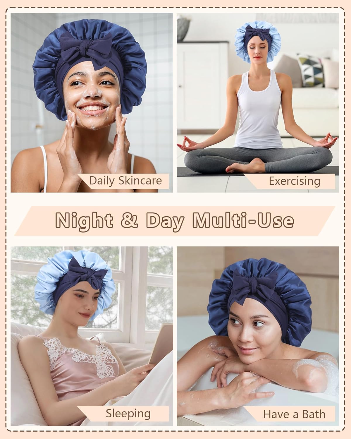 AWAYTR Women Satin Bonnet for Sleeping - Double Layer Silk Hair Bonnet with Elastic Tie Band for Braids Curly Hair