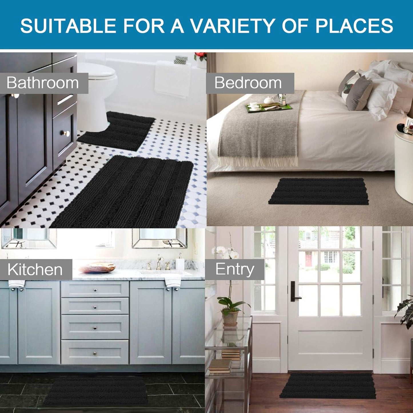 H.VERSAILTEX Bathroom Rugs Bath Rug Set 2 Piece Bathroom Contour Rug Toilet Mat Sets Non Slip Contour Bath Rug Set Ultra Thick Water Absorbent Striped Washable(20" x 32" Plus 20" x 20" U, Black)