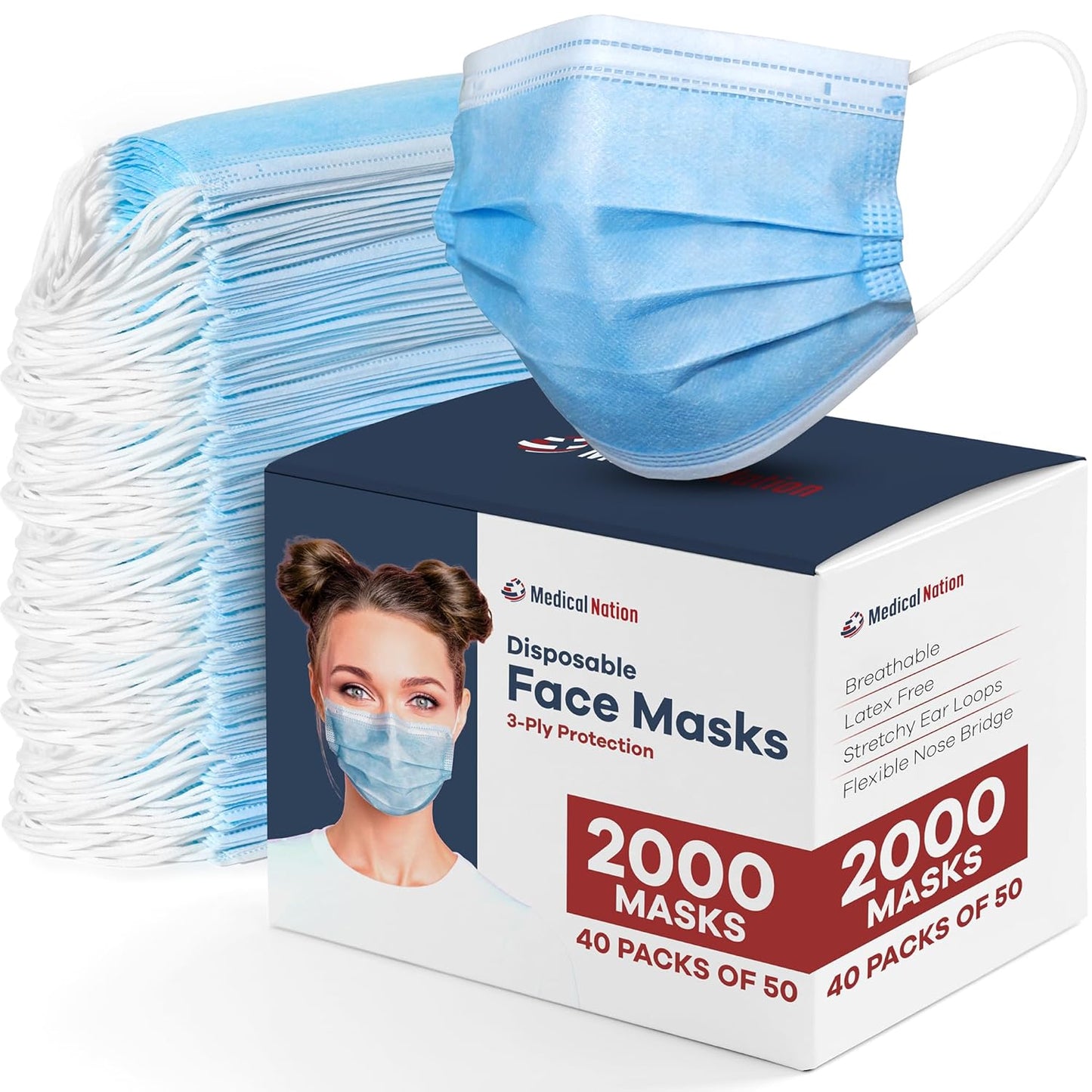 2000 Pcs Blue Disposable Face Masks | Bulk 3 Ply Facemask Pack - Soft Breathable Latex Free Non-Woven Dust Mask with Flexible Nose Bridge & Stretchy Ear Loops (40 Packs x 50)