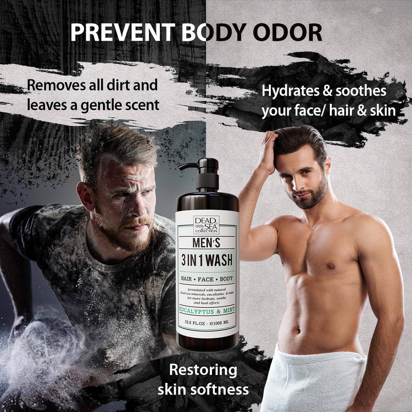 Dead Sea Collection Mens Body Wash 3 in 1 – Eucalyptus Body Wash for Men – Shower Gel – Shampoo – Shower Soap for Face and Hair – Pack of 2 Bottles (33.8 Fl. Oz. Each)