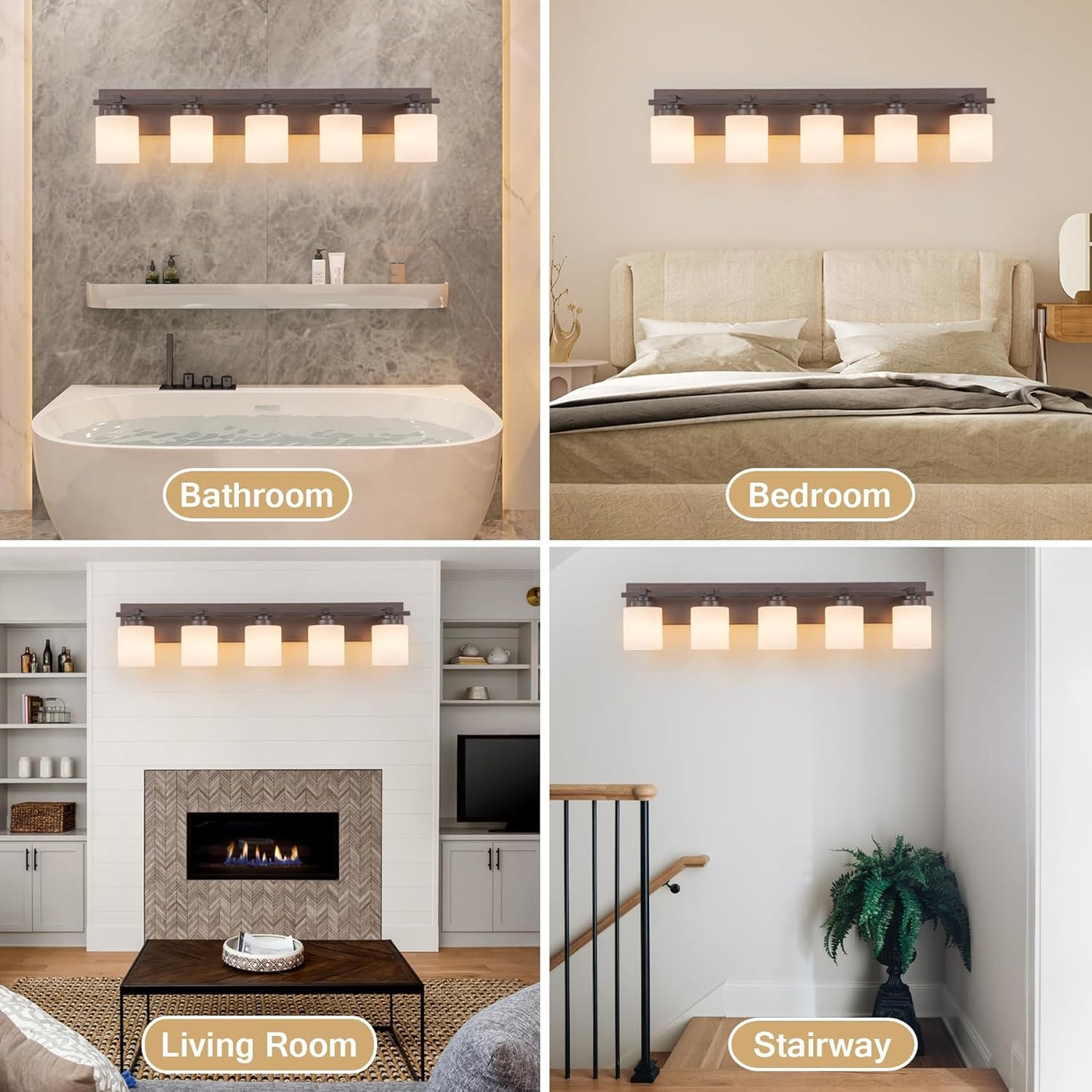 5 Light Modern Bathroom Light Fixtures Over Mirror, Bronze Finish Vanity Lights for Bathroom Wall Sconces with Milky White Glass Shades, E26 Socket (Bulbs Not Included)