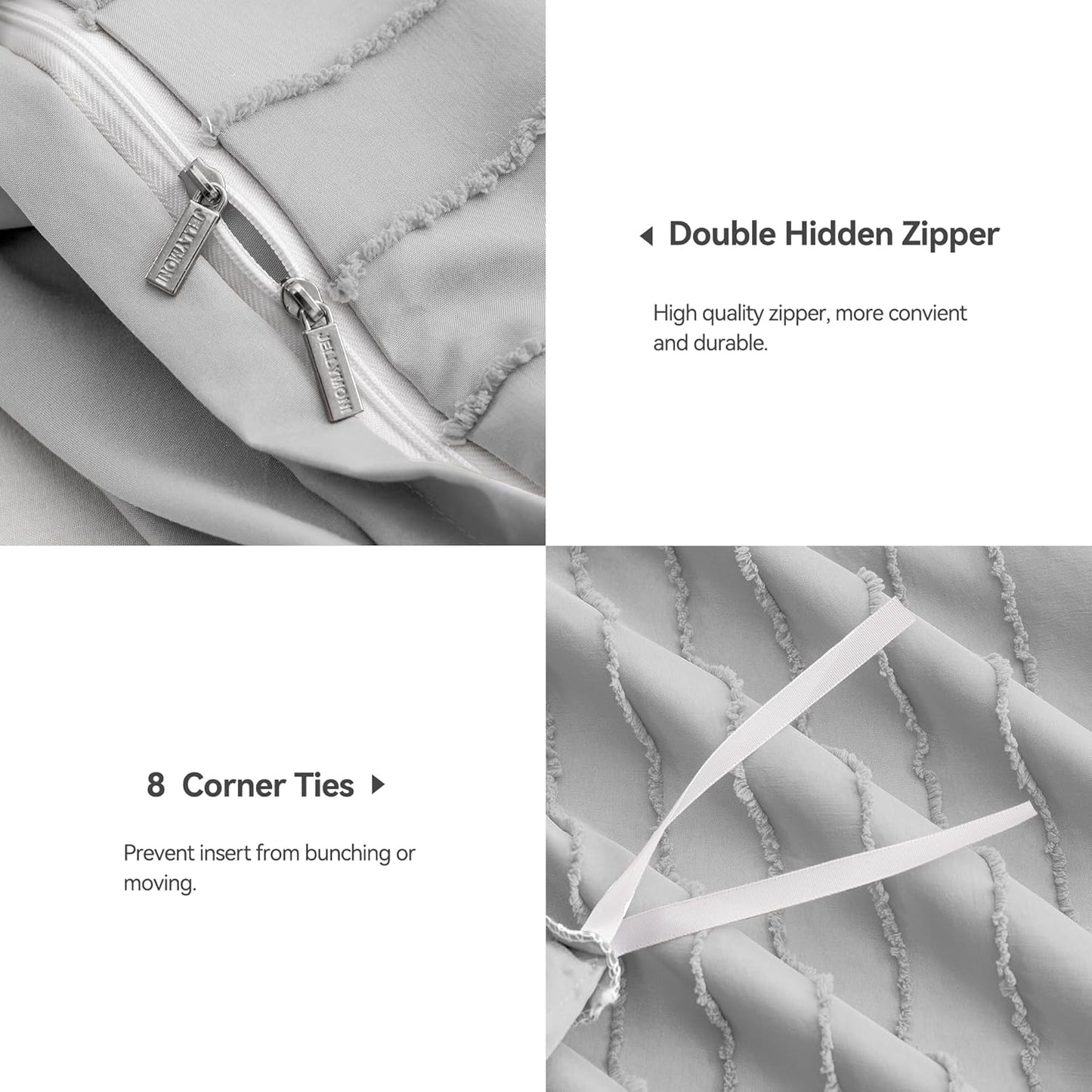 JELLYMONI Duvet Cover King Size Light Grey - 3PCS Boho Striped Duvet Cover Set Polyester Tufted Bohemian Textured Comforter Cover 104×90in with Corner Ties & Zipper and 2 Pillowcases