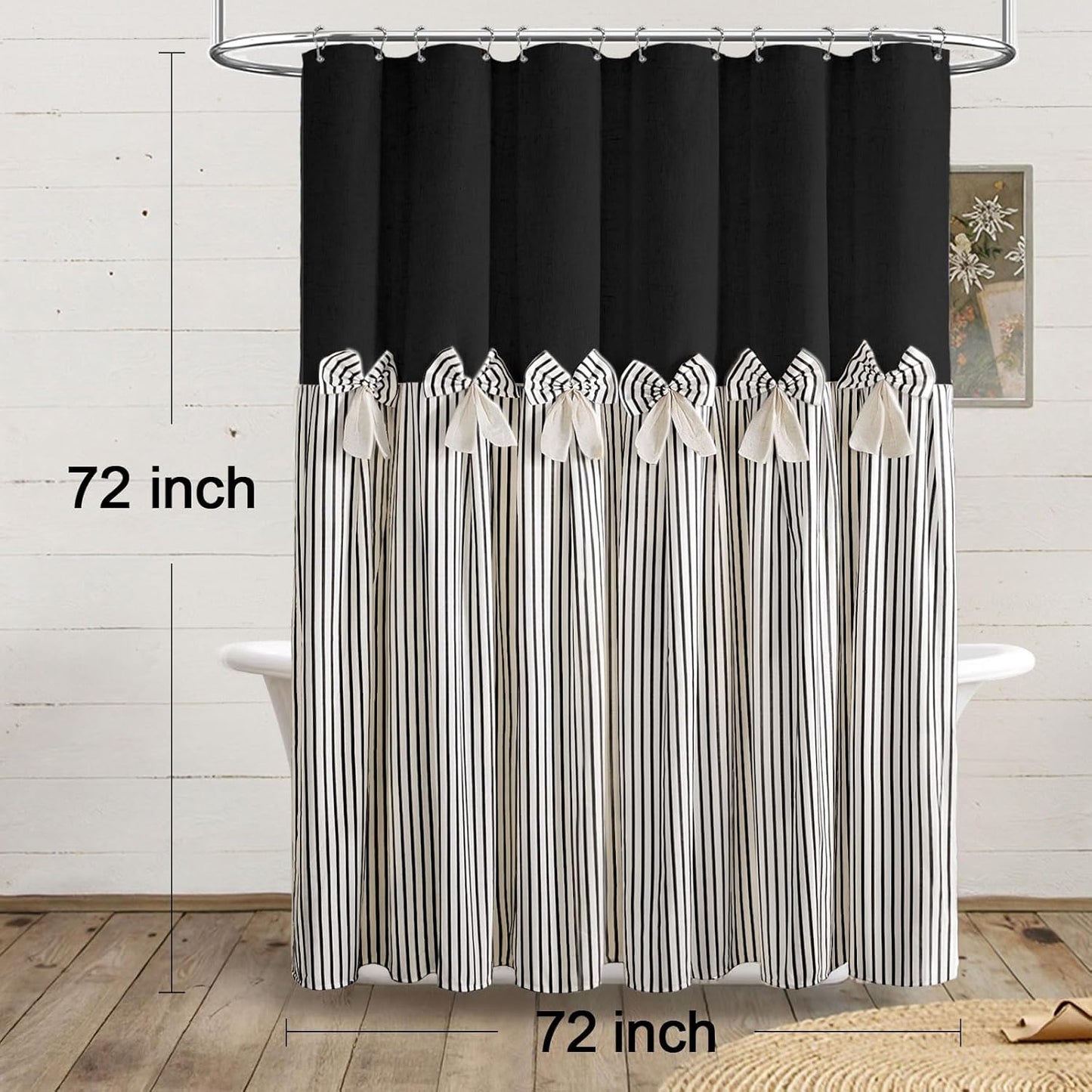 Farmhouse Shower Curtain Linen Blcak Bow Woven Fabric Country Rustic Western, Pleated Black Stripe 72" W x 72" L
