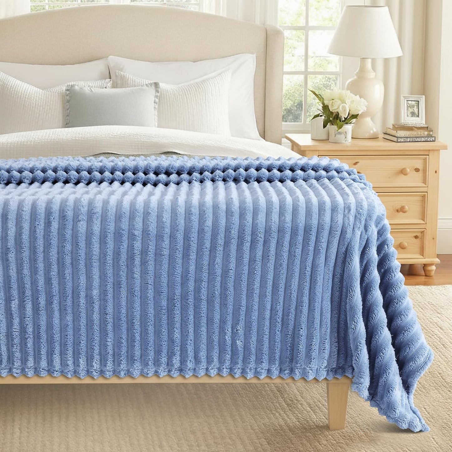 decorUhome Christmas Soft Fleece Blue Grey Twin Blanket for Bed, Cozy Fluffy Plush Flannel Striped Throws for Couch Sofa, Lightweight Decorative Ribbed Fuzzy Blanket for Woman, 60x80 Inches