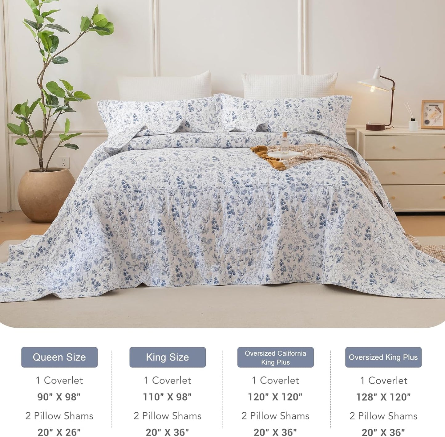 Lady Ann Oversized King Quilt Bedspreads 120x120, 3 Pcs Cotton Floral California King Size Quilt Bedding Set, Blue and White Floral & Leaves Pattern Plant Botanical Printed Quilted Coverlet Set