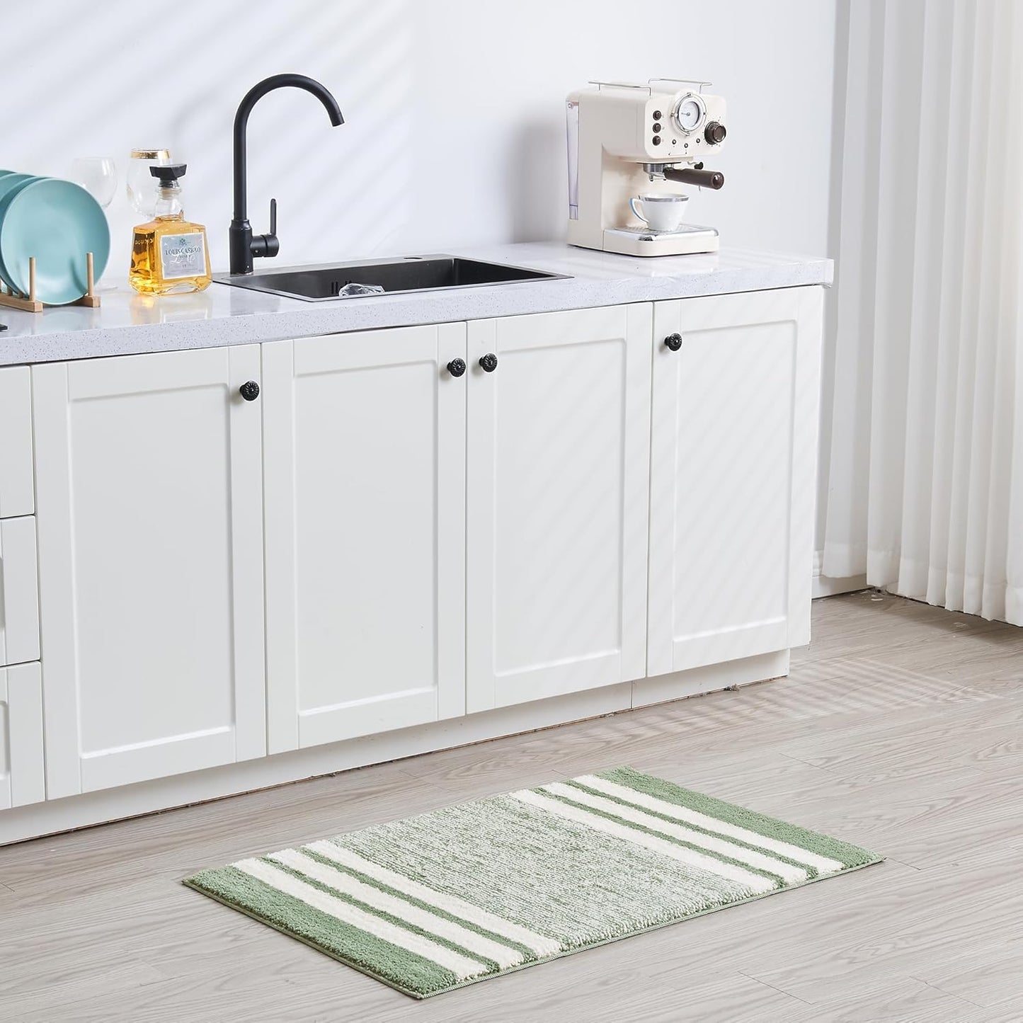 CozeCube Bath mats for Bathroom Non Slip, Fluffy Absorbent Microfiber Bath mat Washable, Aesthetic Bathroom Rugs, Large Sage Green Striped Bath mat, Sage Green, 36" x 24"