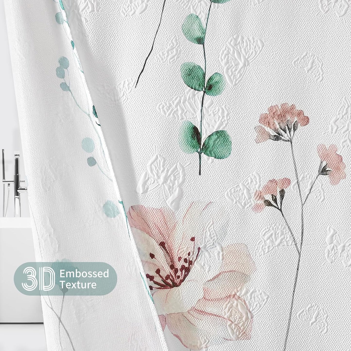QiyI Small Stall Shower Curtain 36 x 72, Narrow Half Watercolor Floral Bath Curtain, 3D Embossed Sage Green Flower Cloth Bathroom Curtains, Waterproof Fabric White Shower Curtain Set with Hooks