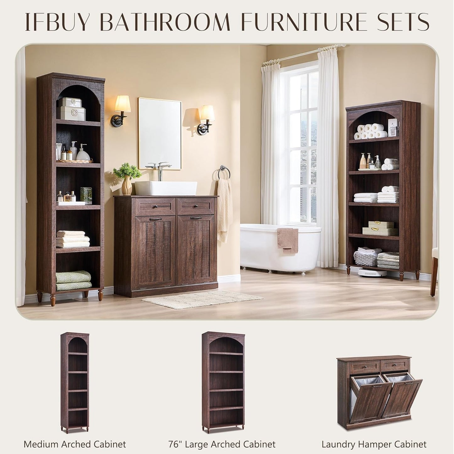 76" Tall Arched Bathroom Storage Cabinet, 5 Tiers Large Farmhouse Arched Cabinet w/Adjustable Shelves, Modern Wooden Storage Cabinet for Bathroom, Living Room, Entryway, Study Room (Brown)