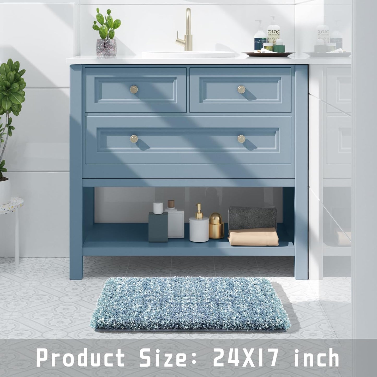 Yimobra Bathroom Rugs Non Slip Washable, Ultra Soft and Water Absorbent Bath Mats, Plush Fluffy Shower Mat Outside, Microfiber Thick Matts for Bathroom Floor/Sink, 24x17, Denim Blue and White