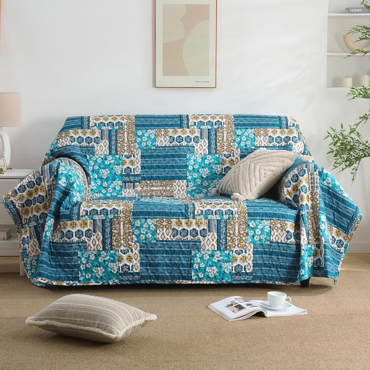 Mybedsoul Dusty Blue Quilt Set King Size, 3 Pieces Plaid Floral Bedspread Set Patchwork Reversible Bedding Set Microfiber Lightweight Bedspread Coverlet Set for All Season 110"x90"