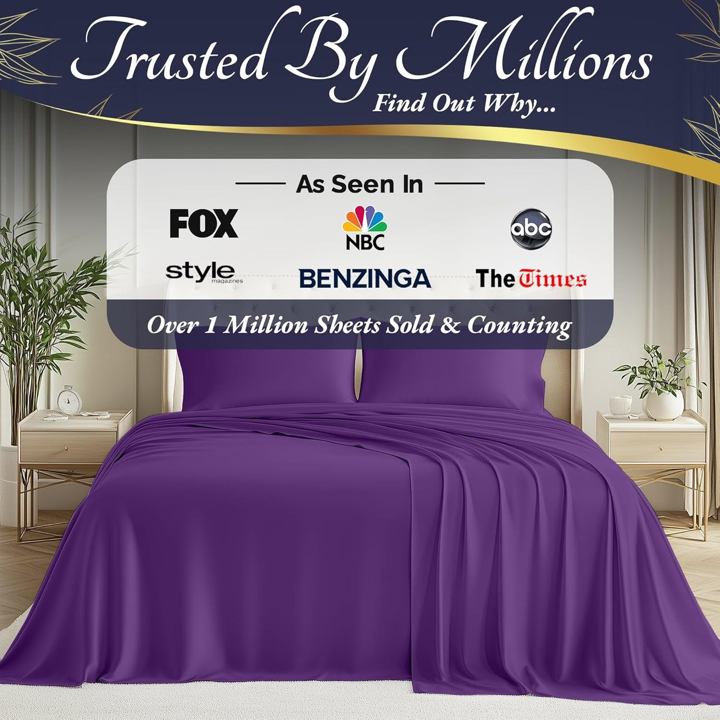 DECOLURE 100% Viscose Derived from Bamboo Sheets King Size 4pcs - Ultra Soft & Luxuriously Cooling, 17" Deep Pocket, Double Stitching, Perfect for Hot Sleepers - King Bed Sheets (Purple)