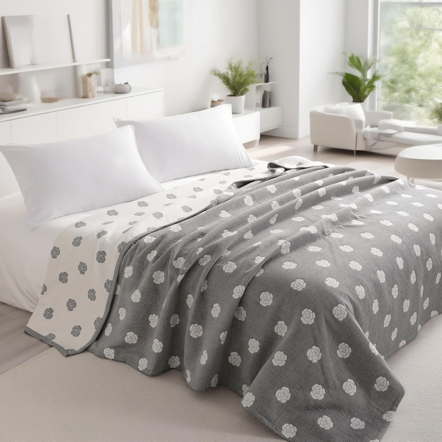 NTBAY 3 Layers Cotton Muslin 68x92 Twin Bed Blanket, Super Soft Breathable Thermal Yarn Dyed Quilt for Adults, Perfect Lightweight Blanket for Couch Sofa Bed All Seasons, Grey Rose