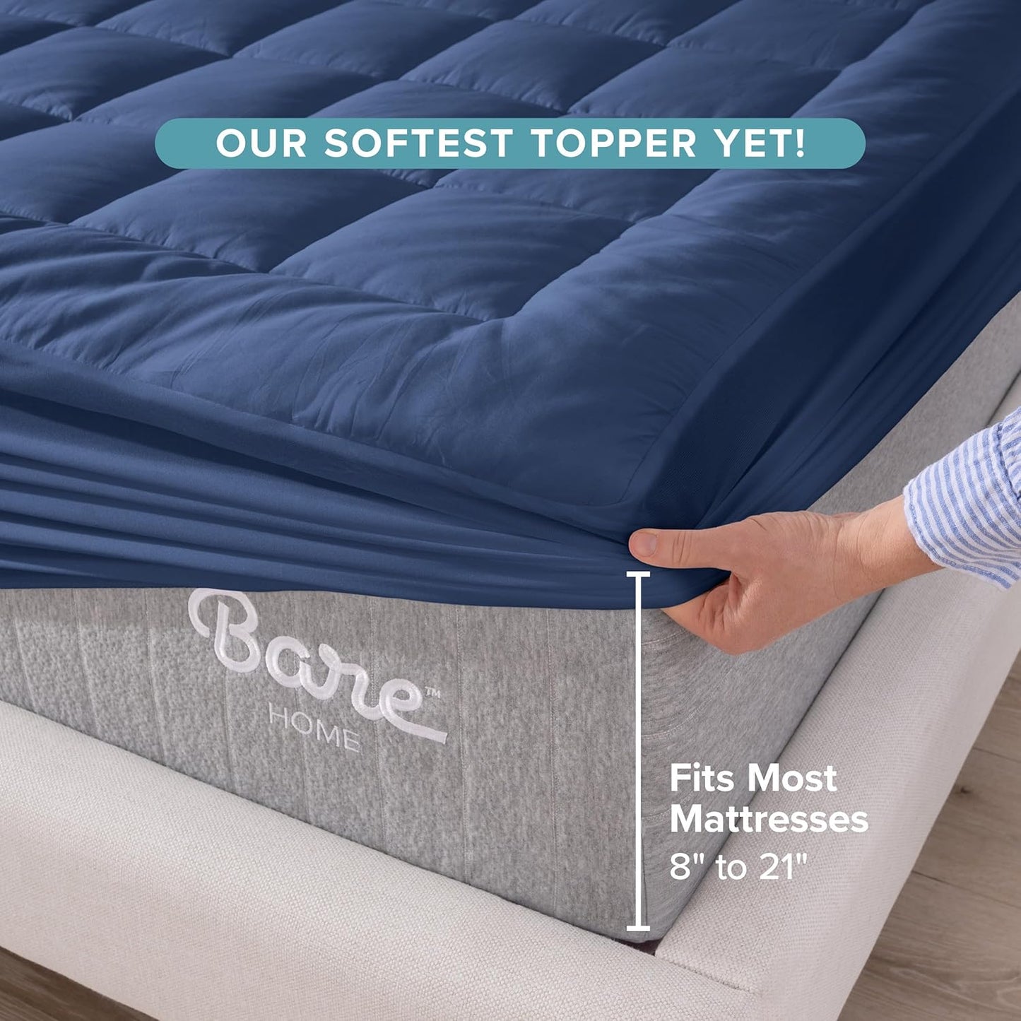 Bare Home Twin Mattress Topper Cotton Top - Plush Topper for Mattress - Fitted Mattress Cover - Cooling Breathable Air Flow - 8" to 21" Deep Pocket - Soft Mattress Pad (Twin, Dark Blue)