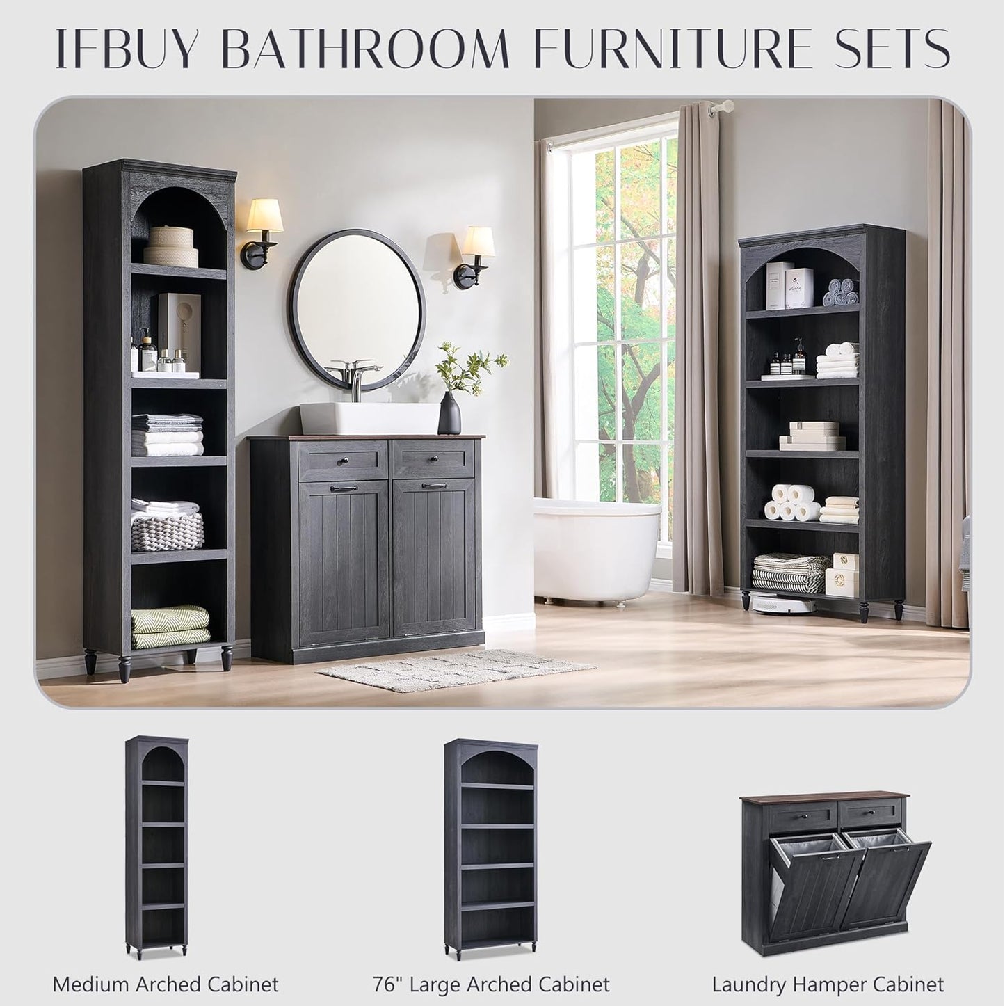 76" Tall Arched Bathroom Storage Cabinet, 5 Tiers Narrow Farmhouse Arched Cabinet w/Adjustable Shelves, Modern Wooden Storage Cabinet for Bathroom, Living Room, Entryway, Study Room (Dark Grey)